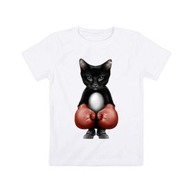 Детская футболка хлопок с принтом Котёнок боксёр в Тюмени, 100% хлопок | круглый вырез горловины, полуприлегающий силуэт, длина до линии бедер | боец | бокс | боксёр | кот | котёнок | кошак | кошка | кулак | спорт | шорты