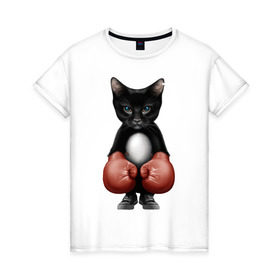 Женская футболка хлопок с принтом Котёнок боксёр в Тюмени, 100% хлопок | прямой крой, круглый вырез горловины, длина до линии бедер, слегка спущенное плечо | боец | бокс | боксёр | кот | котёнок | кошак | кошка | кулак | спорт | шорты