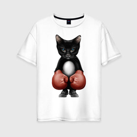 Женская футболка хлопок Oversize с принтом Котёнок боксёр в Тюмени, 100% хлопок | свободный крой, круглый ворот, спущенный рукав, длина до линии бедер
 | боец | бокс | боксёр | кот | котёнок | кошак | кошка | кулак | спорт | шорты