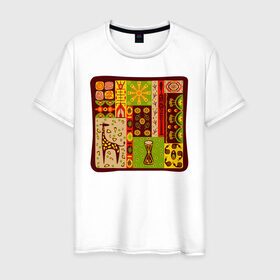Мужская футболка хлопок с принтом Жираф в Тюмени, 100% хлопок | прямой крой, круглый вырез горловины, длина до линии бедер, слегка спущенное плечо. | африка | животные | жираф | индия | инки | наскальные | орнаменты | узоры | этно