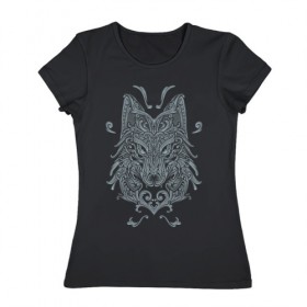 Женская футболка хлопок с принтом Узорный волк в Тюмени, 100% хлопок | прямой крой, круглый вырез горловины, длина до линии бедер, слегка спущенное плечо | волк | голова | животное | завитки | зверь | кружево | узорный волк | узоры | хищник