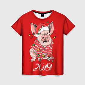 Женская футболка 3D с принтом Полосатый поросенок в Тюмени, 100% полиэфир ( синтетическое хлопкоподобное полотно) | прямой крой, круглый вырез горловины, длина до линии бедер | 2019 | боров | гирлянда | год | голова | дед мороз | домашнее | елочная | животное | клаус | костюм | красная | мода | новый год | подарок | поздравление | полосатый | поросенок | праздник | профиль
