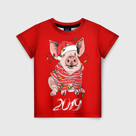 Детская футболка 3D с принтом Полосатый поросенок в Тюмени, 100% гипоаллергенный полиэфир | прямой крой, круглый вырез горловины, длина до линии бедер, чуть спущенное плечо, ткань немного тянется | 2019 | боров | гирлянда | год | голова | дед мороз | домашнее | елочная | животное | клаус | костюм | красная | мода | новый год | подарок | поздравление | полосатый | поросенок | праздник | профиль