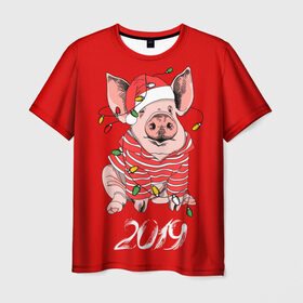 Мужская футболка 3D с принтом Полосатый поросенок в Тюмени, 100% полиэфир | прямой крой, круглый вырез горловины, длина до линии бедер | 2019 | боров | гирлянда | год | голова | дед мороз | домашнее | елочная | животное | клаус | костюм | красная | мода | новый год | подарок | поздравление | полосатый | поросенок | праздник | профиль