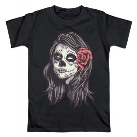Мужская футболка хлопок с принтом Mexican girl в Тюмени, 100% хлопок | прямой крой, круглый вырез горловины, длина до линии бедер, слегка спущенное плечо. | девушка | зомби | мексика | паутина | роза | тату | хэллоуин | череп
