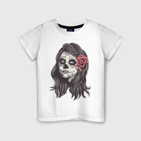 Детская футболка хлопок с принтом Mexican girl в Тюмени, 100% хлопок | круглый вырез горловины, полуприлегающий силуэт, длина до линии бедер | девушка | зомби | мексика | паутина | роза | тату | хэллоуин | череп