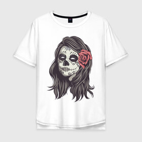 Мужская футболка хлопок Oversize с принтом Mexican girl в Тюмени, 100% хлопок | свободный крой, круглый ворот, “спинка” длиннее передней части | девушка | зомби | мексика | паутина | роза | тату | хэллоуин | череп