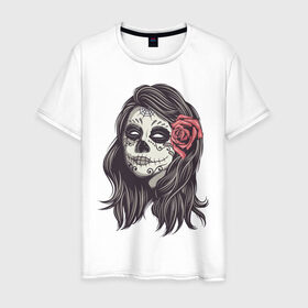 Мужская футболка хлопок с принтом Mexican girl в Тюмени, 100% хлопок | прямой крой, круглый вырез горловины, длина до линии бедер, слегка спущенное плечо. | девушка | зомби | мексика | паутина | роза | тату | хэллоуин | череп