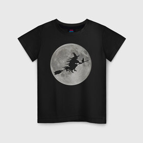 Детская футболка хлопок с принтом На фоне луны в Тюмени, 100% хлопок | круглый вырез горловины, полуприлегающий силуэт, длина до линии бедер | ведьма. метла. кот | луна | ночь | праздник | ужас | хэллоуин