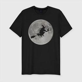 Мужская футболка премиум с принтом На фоне луны в Тюмени, 92% хлопок, 8% лайкра | приталенный силуэт, круглый вырез ворота, длина до линии бедра, короткий рукав | ведьма. метла. кот | луна | ночь | праздник | ужас | хэллоуин