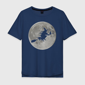 Мужская футболка хлопок Oversize с принтом На фоне луны в Тюмени, 100% хлопок | свободный крой, круглый ворот, “спинка” длиннее передней части | ведьма. метла. кот | луна | ночь | праздник | ужас | хэллоуин