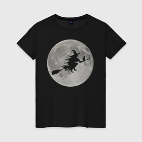 Женская футболка хлопок с принтом На фоне луны в Тюмени, 100% хлопок | прямой крой, круглый вырез горловины, длина до линии бедер, слегка спущенное плечо | ведьма. метла. кот | луна | ночь | праздник | ужас | хэллоуин