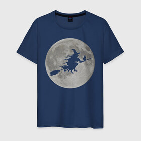 Мужская футболка хлопок с принтом На фоне луны в Тюмени, 100% хлопок | прямой крой, круглый вырез горловины, длина до линии бедер, слегка спущенное плечо. | ведьма. метла. кот | луна | ночь | праздник | ужас | хэллоуин