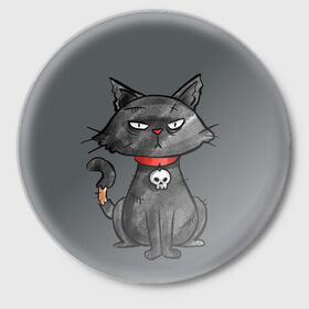 Значок с принтом Кот бедолага в Тюмени,  металл | круглая форма, металлическая застежка в виде булавки | кот | череп | черный
