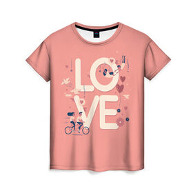 Женская футболка 3D с принтом Любящая пара в Тюмени, 100% полиэфир ( синтетическое хлопкоподобное полотно) | прямой крой, круглый вырез горловины, длина до линии бедер | love | голуби | любовь | пара | птицы | сердечко | шарик