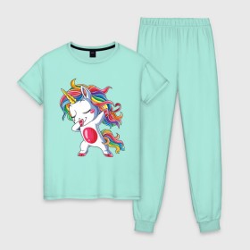 Женская пижама хлопок с принтом Dabbing Unicorn в Тюмени, 100% хлопок | брюки и футболка прямого кроя, без карманов, на брюках мягкая резинка на поясе и по низу штанин | dab | dab единорог | dabbing unicorn | unicorn | единорог радуга | краски | прикольные картинки | радуга | радужные краски | радужный единорог