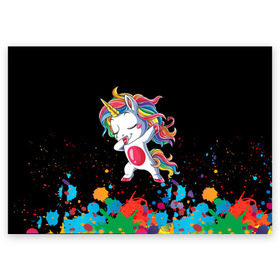 Поздравительная открытка с принтом Радужный единорог в Тюмени, 100% бумага | плотность бумаги 280 г/м2, матовая, на обратной стороне линовка и место для марки
 | Тематика изображения на принте: dab | dab единорог | dabbing unicorn | unicorn | брызги красок | единорог радуга | краски | прикольные картинки | радуга | радужные краски | радужный единорог