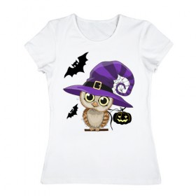 Женская футболка хлопок с принтом Сова и хэллоуин в Тюмени, 100% хлопок | прямой крой, круглый вырез горловины, длина до линии бедер, слегка спущенное плечо | halloween | летучая мышь | подарок на хэллоуин | прикольная сова | сова | сова и хэллоуин | совушка | тыква | тыква на хэллоуин | хэллоуин