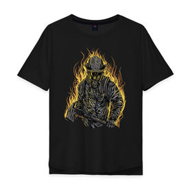 Мужская футболка хлопок Oversize с принтом Пожарный в Тюмени, 100% хлопок | свободный крой, круглый ворот, “спинка” длиннее передней части | искры | маска | мужик | мчс | огонь | охрана | пламя | пожар | пожарные | спасатели | топор | шлем