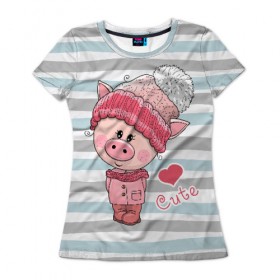Женская футболка 3D с принтом Милая свинка в Тюмени, 100% полиэфир ( синтетическое хлопкоподобное полотно) | прямой крой, круглый вырез горловины, длина до линии бедер | 2019 | боров | взгляд | год | домашнее | животное | костюм | красная | милая | мода | новый год | пальто | подарок | поздравление | поросенок | праздник | рисунок | рождество | румянец | с новым годом