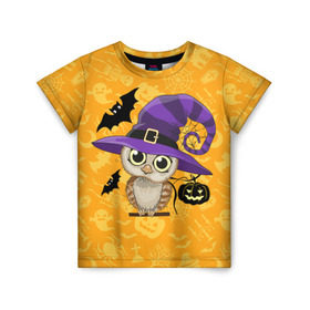 Детская футболка 3D с принтом Совушка и хэллоуин в Тюмени, 100% гипоаллергенный полиэфир | прямой крой, круглый вырез горловины, длина до линии бедер, чуть спущенное плечо, ткань немного тянется | Тематика изображения на принте: halloween | летучая мышь | подарок на хэллоуин | прикольная сова | сова | сова и хэллоуин | совушка | тыква | тыква на хэллоуин | хэллоуин