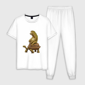 Мужская пижама хлопок с принтом Speed is Relative в Тюмени, 100% хлопок | брюки и футболка прямого кроя, без карманов, на брюках мягкая резинка на поясе и по низу штанин
 | ленивец | лень | медленно | медлительный | тормоз | черепаха