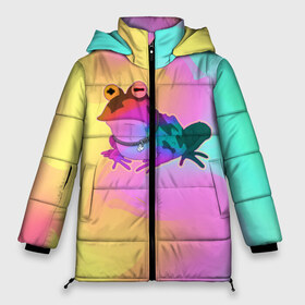 Женская зимняя куртка 3D с принтом Кислотная Гипножаба в Тюмени, верх — 100% полиэстер; подкладка — 100% полиэстер; утеплитель — 100% полиэстер | длина ниже бедра, силуэт Оверсайз. Есть воротник-стойка, отстегивающийся капюшон и ветрозащитная планка. 

Боковые карманы с листочкой на кнопках и внутренний карман на молнии | Тематика изображения на принте: bender | fry | futurama | planet express | бендер | гипножаба | зойдберг | лила | фрай | футурама