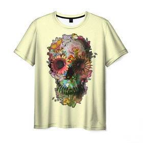 Мужская футболка 3D с принтом Цветочный Череп в Тюмени, 100% полиэфир | прямой крой, круглый вырез горловины, длина до линии бедер | bone | bones | flower | flowers | skeleton | skeletons | skull | skulls | кости | кость | скелет | скелеты | цветок | цветочки | цветочный | цветы | череп | черепа | черепок