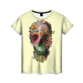 Женская футболка 3D с принтом Цветочный Череп в Тюмени, 100% полиэфир ( синтетическое хлопкоподобное полотно) | прямой крой, круглый вырез горловины, длина до линии бедер | bone | bones | flower | flowers | skeleton | skeletons | skull | skulls | кости | кость | скелет | скелеты | цветок | цветочки | цветочный | цветы | череп | черепа | черепок