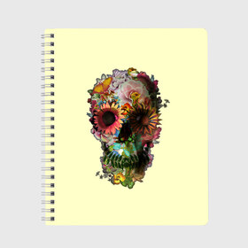 Тетрадь с принтом Цветочный Череп в Тюмени, 100% бумага | 48 листов, плотность листов — 60 г/м2, плотность картонной обложки — 250 г/м2. Листы скреплены сбоку удобной пружинной спиралью. Уголки страниц и обложки скругленные. Цвет линий — светло-серый
 | bone | bones | flower | flowers | skeleton | skeletons | skull | skulls | кости | кость | скелет | скелеты | цветок | цветочки | цветочный | цветы | череп | черепа | черепок