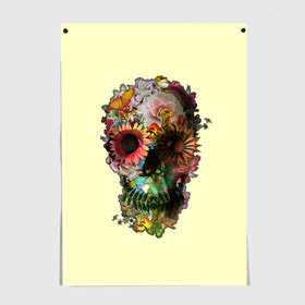 Постер с принтом Цветочный Череп в Тюмени, 100% бумага
 | бумага, плотность 150 мг. Матовая, но за счет высокого коэффициента гладкости имеет небольшой блеск и дает на свету блики, но в отличии от глянцевой бумаги не покрыта лаком | bone | bones | flower | flowers | skeleton | skeletons | skull | skulls | кости | кость | скелет | скелеты | цветок | цветочки | цветочный | цветы | череп | черепа | черепок