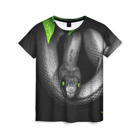 Женская футболка 3D с принтом Змея в Тюмени, 100% полиэфир ( синтетическое хлопкоподобное полотно) | прямой крой, круглый вырез горловины, длина до линии бедер | гадюка | животные | змея | листья | природа | удав | черно белое | черное и белое