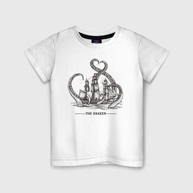 Детская футболка хлопок с принтом Кракен в Тюмени, 100% хлопок | круглый вырез горловины, полуприлегающий силуэт, длина до линии бедер | Тематика изображения на принте: корабль | кракен | монстр | море | осьминог
