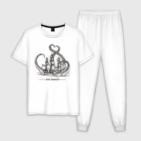 Мужская пижама хлопок с принтом Кракен в Тюмени, 100% хлопок | брюки и футболка прямого кроя, без карманов, на брюках мягкая резинка на поясе и по низу штанин
 | Тематика изображения на принте: корабль | кракен | монстр | море | осьминог