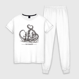 Женская пижама хлопок с принтом Кракен в Тюмени, 100% хлопок | брюки и футболка прямого кроя, без карманов, на брюках мягкая резинка на поясе и по низу штанин | корабль | кракен | монстр | море | осьминог