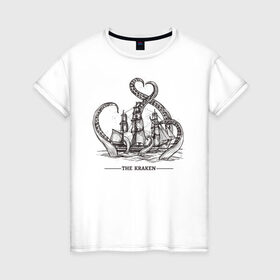 Женская футболка хлопок с принтом Кракен в Тюмени, 100% хлопок | прямой крой, круглый вырез горловины, длина до линии бедер, слегка спущенное плечо | корабль | кракен | монстр | море | осьминог