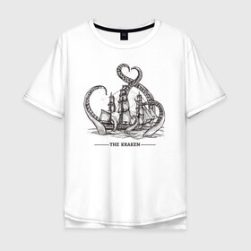 Мужская футболка хлопок Oversize с принтом Кракен в Тюмени, 100% хлопок | свободный крой, круглый ворот, “спинка” длиннее передней части | корабль | кракен | монстр | море | осьминог