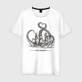 Мужская футболка хлопок с принтом Кракен в Тюмени, 100% хлопок | прямой крой, круглый вырез горловины, длина до линии бедер, слегка спущенное плечо. | Тематика изображения на принте: корабль | кракен | монстр | море | осьминог