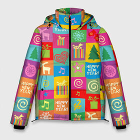 Мужская зимняя куртка 3D с принтом Новогодний коллаж в Тюмени, верх — 100% полиэстер; подкладка — 100% полиэстер; утеплитель — 100% полиэстер | длина ниже бедра, свободный силуэт Оверсайз. Есть воротник-стойка, отстегивающийся капюшон и ветрозащитная планка. 

Боковые карманы с листочкой на кнопках и внутренний карман на молнии. | Тематика изображения на принте: белый | боров | варежки | год | голова | горошек | дед | дерево | домашняя | елка | животное | зима | кабан | клаус | красная | мороз | новый го | ноты | олень | поросенок | пятачок | с новым годом | санта