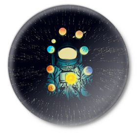 Значок с принтом Космический жонглер в Тюмени,  металл | круглая форма, металлическая застежка в виде булавки | Тематика изображения на принте: астронавт | венера | вселенная | галактика | звезда | земля | космонавт | космос | марс | меркурий | планеты | сатурн | свет | скафандр | солнце | стекло | тени | уран | юпитер