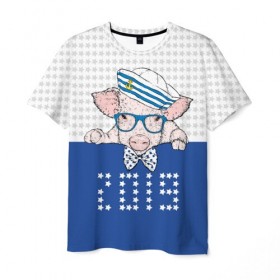 Мужская футболка 3D с принтом Морячок 2019 в Тюмени, 100% полиэфир | прямой крой, круглый вырез горловины, длина до линии бедер | 2019 | бабочка | боров | галстук | год | голова | домашняя | животное | звезды | кабан | матрос | мороз | моряк | морячок | новый год | очки | подарок | поздравление | полосатая | поросенок | праздник