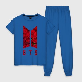 Женская пижама хлопок с принтом BTS Roses в Тюмени, 100% хлопок | брюки и футболка прямого кроя, без карманов, на брюках мягкая резинка на поясе и по низу штанин | bangtan | beyond | boys | bts | bulletproof | k pop | roses | scene | suga | the | арэма | бтс | джин | корейский | лого | логотип | музыка | поп | розы | чина | шуга