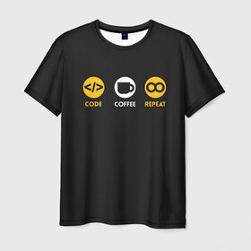 Мужская футболка 3D с принтом Code Coffee Repeat в Тюмени, 100% полиэфир | прямой крой, круглый вырез горловины, длина до линии бедер | admin | administrator | calm | code | coder | coding | engineer | job | keep | programmer | администратор | айти | инженер | код | кодинг | программа | программист | профессия | сисадмин