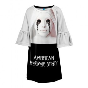 Детское платье 3D с принтом American Horror Story в Тюмени, 100% полиэстер | прямой силуэт, чуть расширенный к низу. Круглая горловина, на рукавах — воланы | ahs | american horror story | американская история ужасов | демон | краска | лицо | макияж | монашка | черные глаза