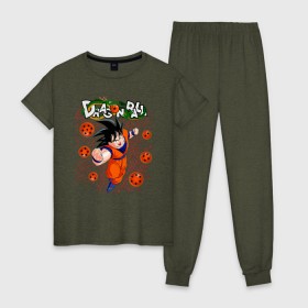 Женская пижама хлопок с принтом Dragon Ball Son Goku в Тюмени, 100% хлопок | брюки и футболка прямого кроя, без карманов, на брюках мягкая резинка на поясе и по низу штанин | 