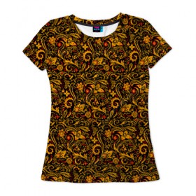 Женская футболка 3D с принтом Хохлома в Тюмени, 100% полиэфир ( синтетическое хлопкоподобное полотно) | прямой крой, круглый вырез горловины, длина до линии бедер | 