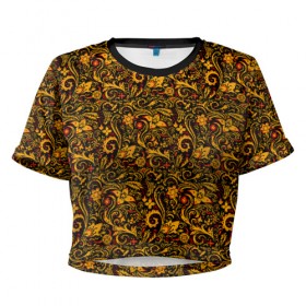 Женская футболка Cropp-top с принтом Хохлома в Тюмени, 100% полиэстер | круглая горловина, длина футболки до линии талии, рукава с отворотами | 