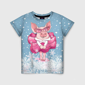 Детская футболка 3D с принтом Свинка в розовом в Тюмени, 100% гипоаллергенный полиэфир | прямой крой, круглый вырез горловины, длина до линии бедер, чуть спущенное плечо, ткань немного тянется | 2019 | год свиньи | милая свинка | новогодний подарок | новый год | новый год 2019 | подарок на новый год | прикольная свинка | свинка в розовом | свинья | символ 2019 года | снег | снежинки
