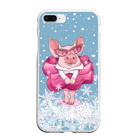 Чехол для iPhone 7Plus/8 Plus матовый с принтом Свинка в розовом в Тюмени, Силикон | Область печати: задняя сторона чехла, без боковых панелей | Тематика изображения на принте: 2019 | год свиньи | милая свинка | новогодний подарок | новый год | новый год 2019 | подарок на новый год | прикольная свинка | свинка в розовом | свинья | символ 2019 года | снег | снежинки