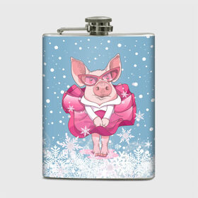 Фляга с принтом Свинка в розовом в Тюмени, металлический корпус | емкость 0,22 л, размер 125 х 94 мм. Виниловая наклейка запечатывается полностью | 2019 | год свиньи | милая свинка | новогодний подарок | новый год | новый год 2019 | подарок на новый год | прикольная свинка | свинка в розовом | свинья | символ 2019 года | снег | снежинки
